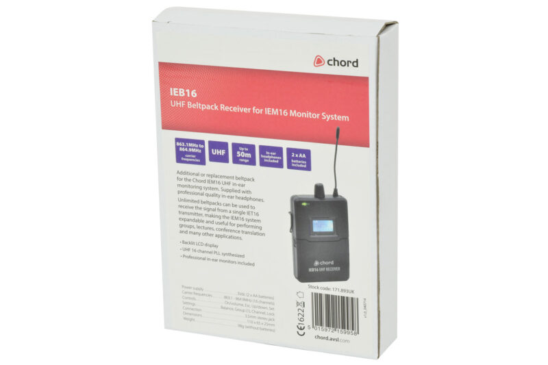 CHORD IN-EAR MONITORING SYSTEM RECEIVER FOR IEM16 UHF 863.1-864.9MHz - Image 4